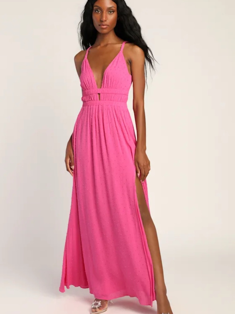 Lulu's Hot Pink V-Neck Maxi Dress with Side Slit M